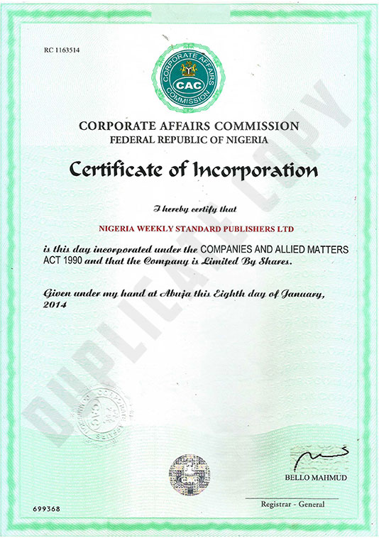 NIGERIAN WEEKLY STANDARD PUBLISHERS LTD